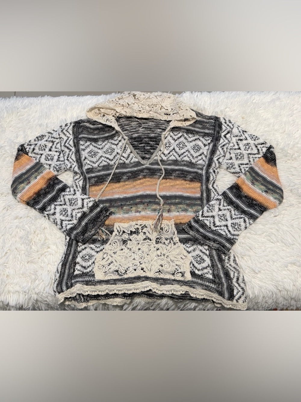 American Rag Black & Cream Crochet-Trim Knit Hoodie